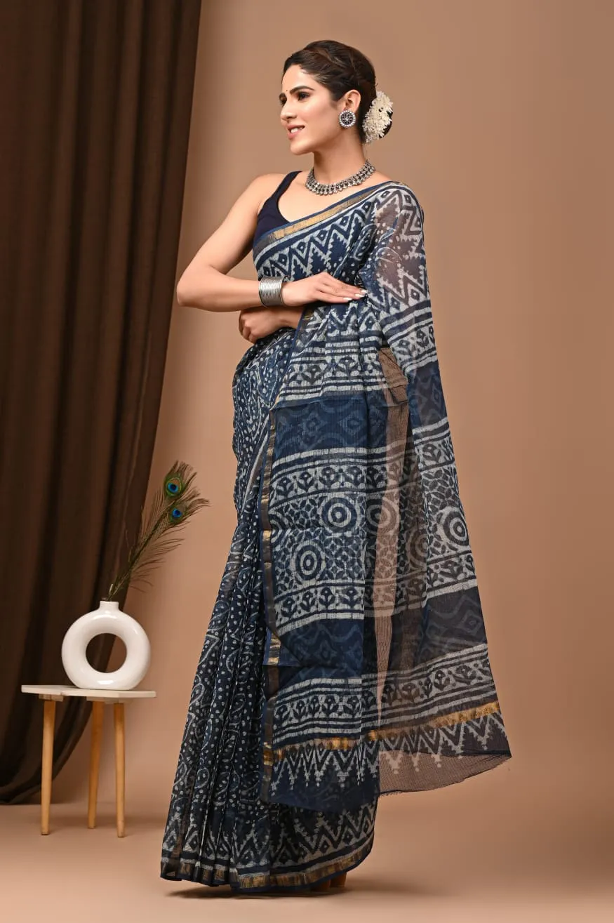 Charming Blue Traditional Kota Doria Print Saree