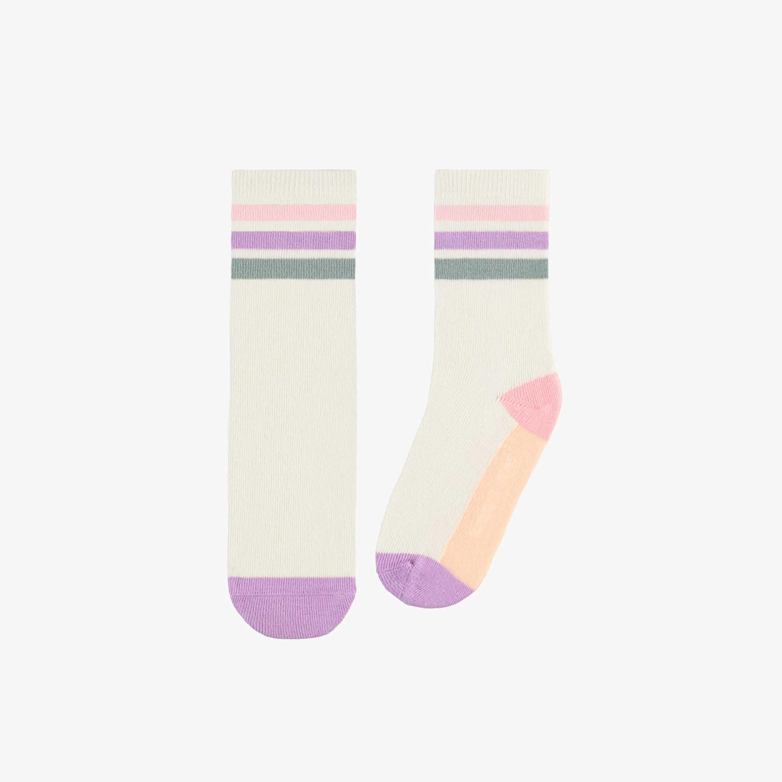 Chaussettes blanches avec des blocs de couleur rose, mauve et vert, enfant || White socks with pink, purple and green color blocks, child