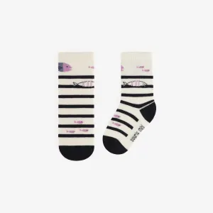 Chaussettes crème à rayures avec des poissons mauves, bébé || Cream socks striped with purple fish, baby