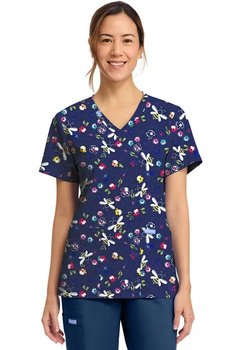 Cherokee Prints CK856 Women's Print V-Neck Top Bumble Bee Bloom