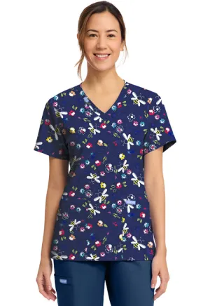 Cherokee Prints CK856 Women's Print V-Neck Top Bumble Bee Bloom