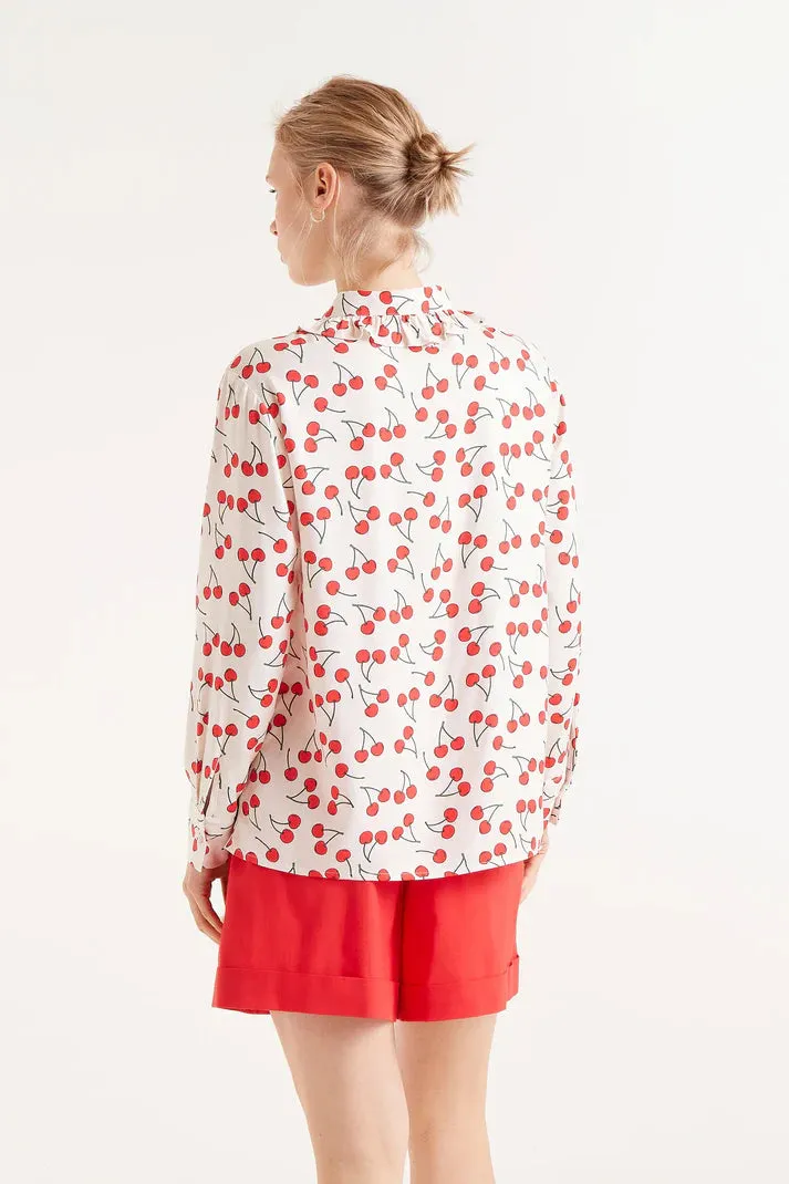 Cherry Print Ruffle Collar Shirt