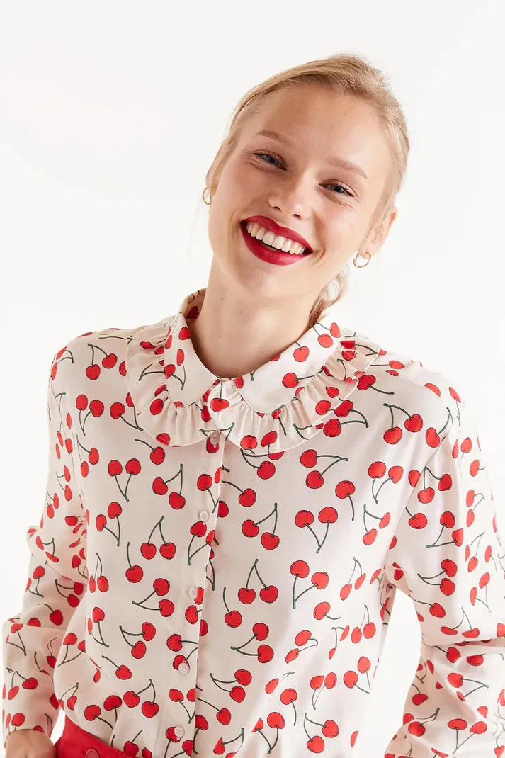 Cherry Print Ruffle Collar Shirt