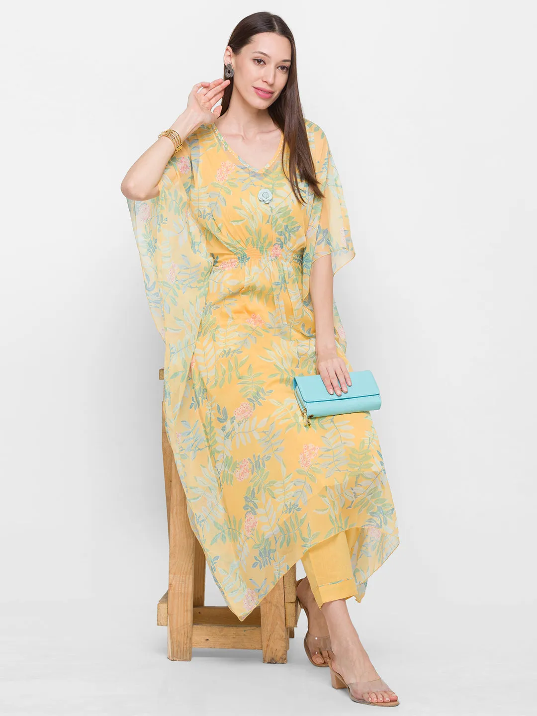Chiffon round neck Flared Sleeves Lemon Color Floral printed Ethnic wear Kaftan With Pant for women - ZOLA