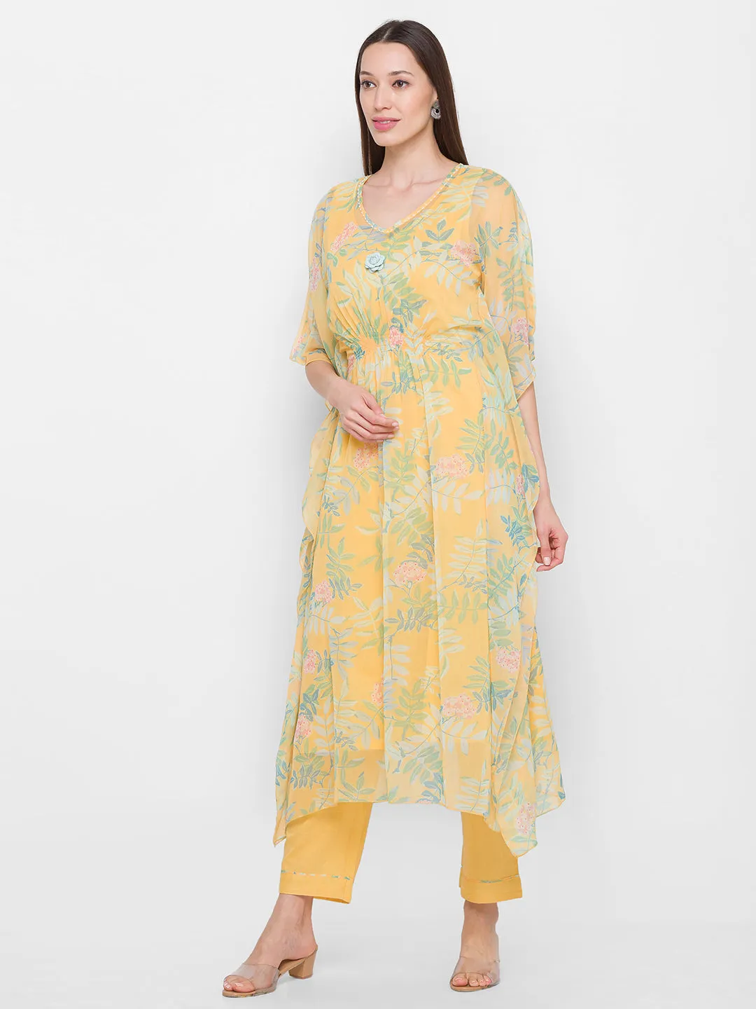 Chiffon round neck Flared Sleeves Lemon Color Floral printed Ethnic wear Kaftan With Pant for women - ZOLA