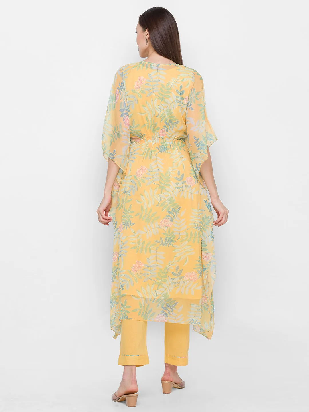 Chiffon round neck Flared Sleeves Lemon Color Floral printed Ethnic wear Kaftan With Pant for women - ZOLA