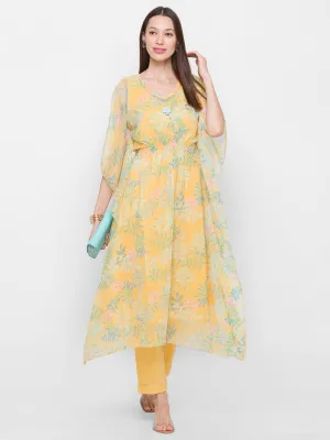 Chiffon round neck Flared Sleeves Lemon Color Floral printed Ethnic wear Kaftan With Pant for women - ZOLA