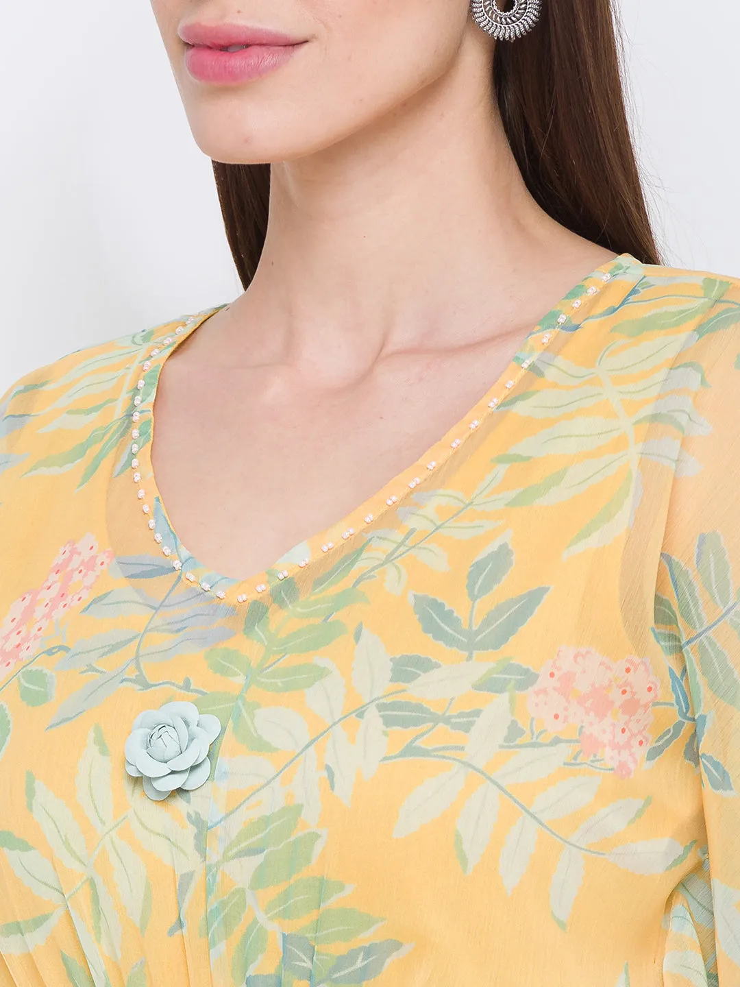 Chiffon round neck Flared Sleeves Lemon Color Floral printed Ethnic wear Kaftan With Pant for women - ZOLA