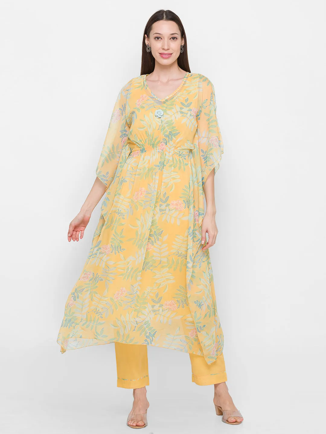 Chiffon round neck Flared Sleeves Lemon Color Floral printed Ethnic wear Kaftan With Pant for women - ZOLA