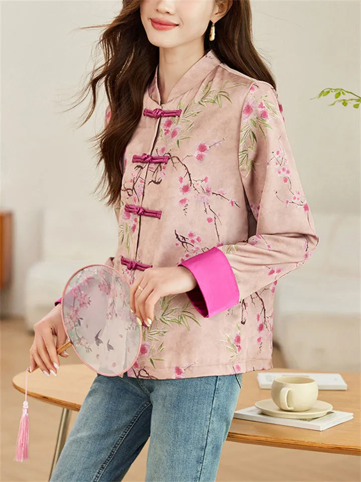 Chinese Style Peach Blossom Print Shirt for Women