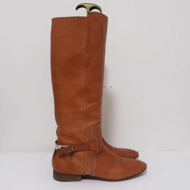 Chloe Tucson Riding Boots Brown Leather and Metal Size 39 Knee High Flat Boots