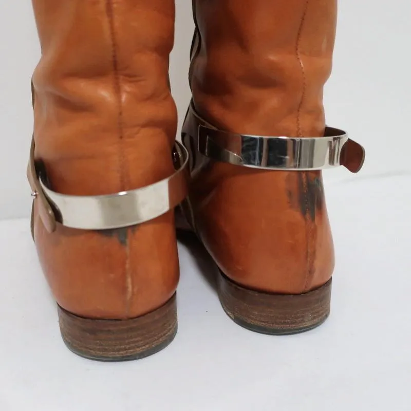 Chloe Tucson Riding Boots Brown Leather and Metal Size 39 Knee High Flat Boots