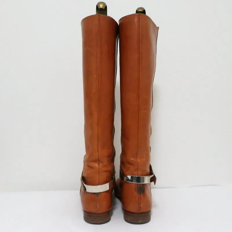 Chloe Tucson Riding Boots Brown Leather and Metal Size 39 Knee High Flat Boots
