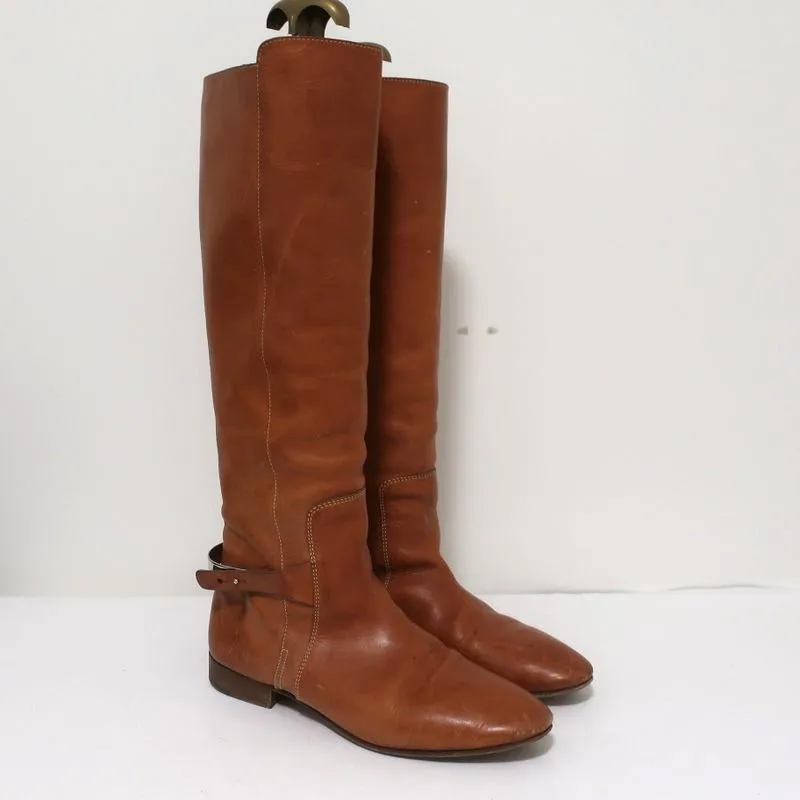 Chloe Tucson Riding Boots Brown Leather and Metal Size 39 Knee High Flat Boots