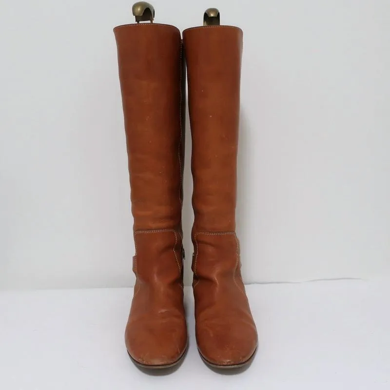 Chloe Tucson Riding Boots Brown Leather and Metal Size 39 Knee High Flat Boots