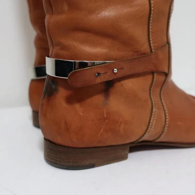 Chloe Tucson Riding Boots Brown Leather and Metal Size 39 Knee High Flat Boots