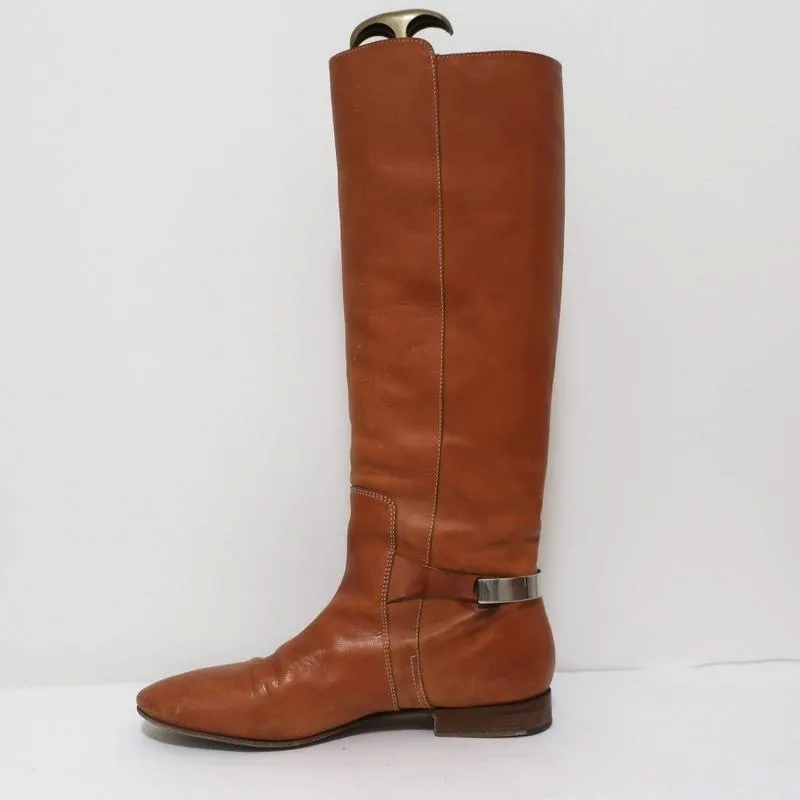 Chloe Tucson Riding Boots Brown Leather and Metal Size 39 Knee High Flat Boots