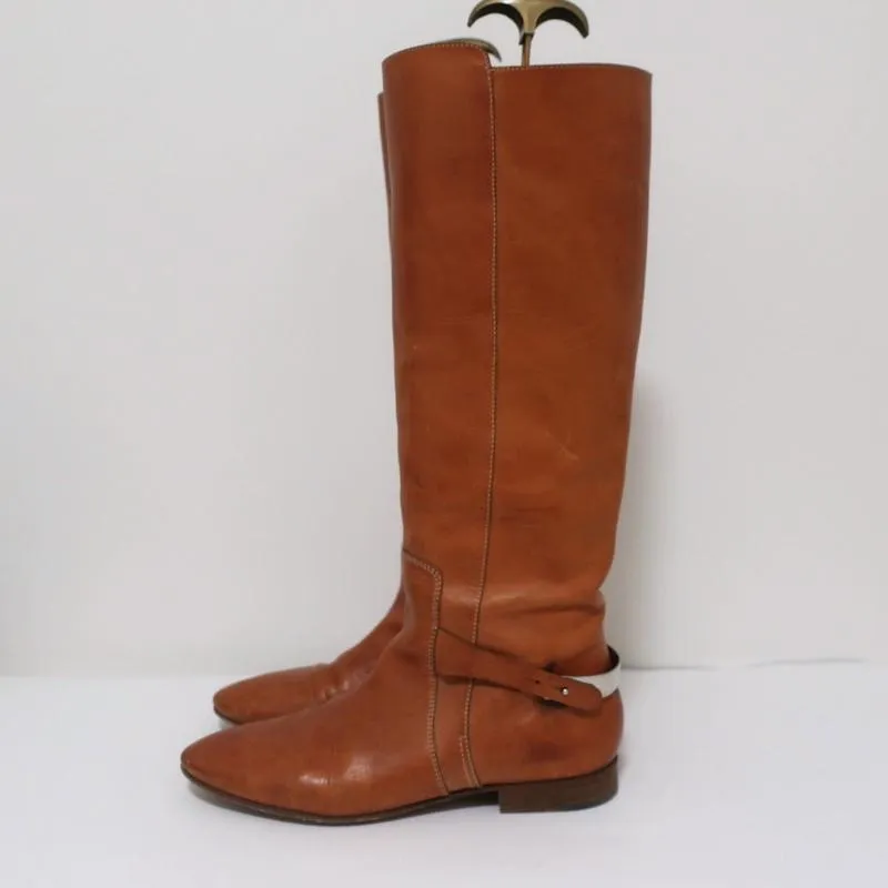 Chloe Tucson Riding Boots Brown Leather and Metal Size 39 Knee High Flat Boots