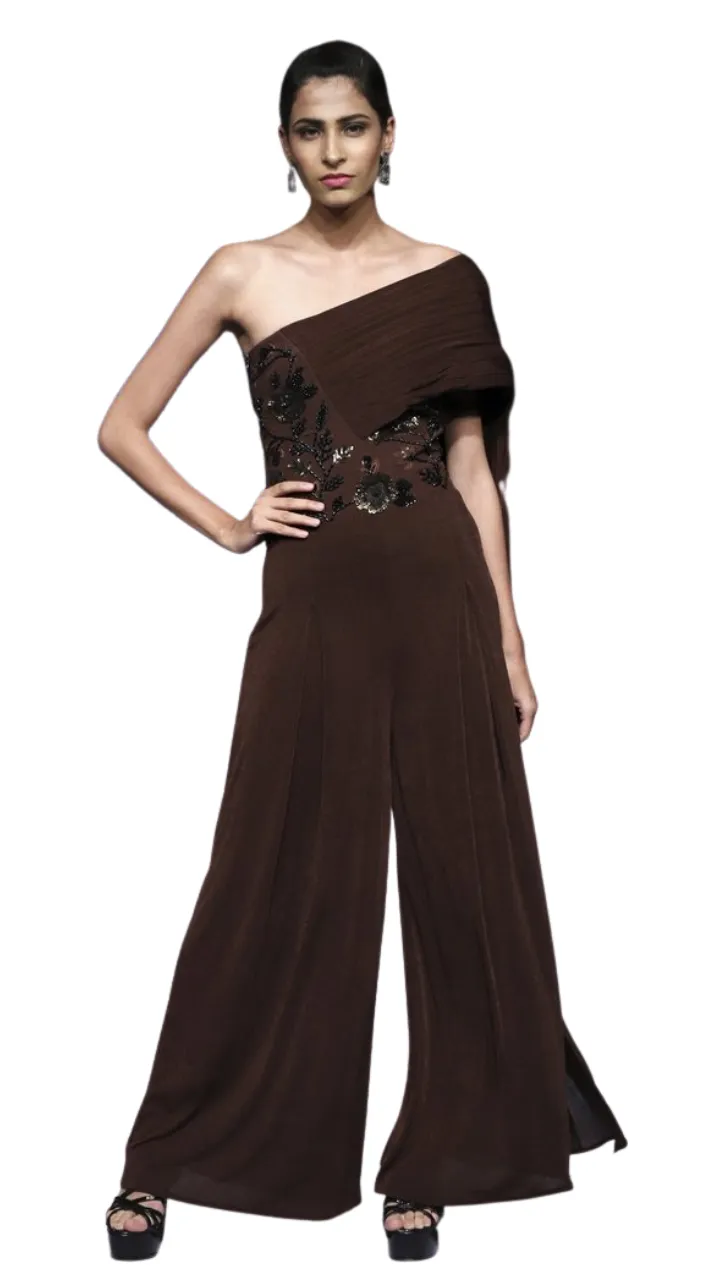 Chocolate Embellished Draped Cape Jumpsuit