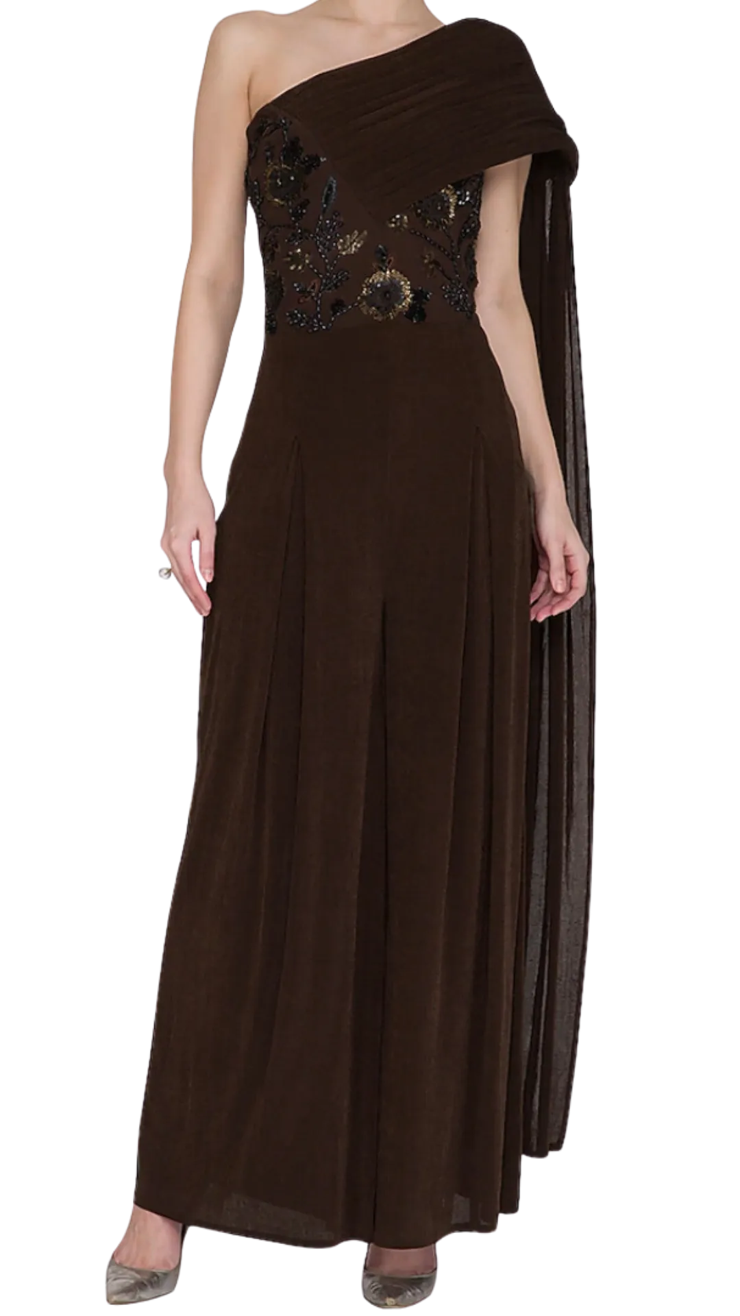 Chocolate Embellished Draped Cape Jumpsuit