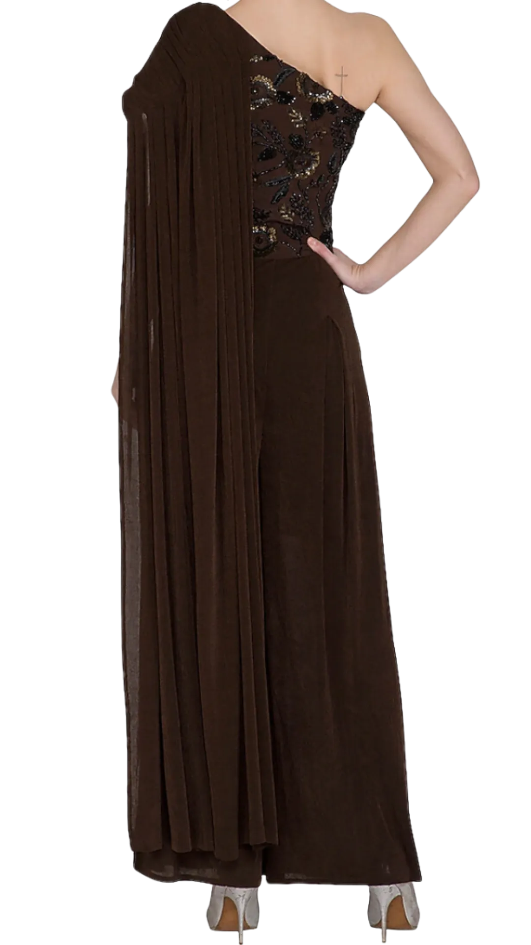 Chocolate Embellished Draped Cape Jumpsuit