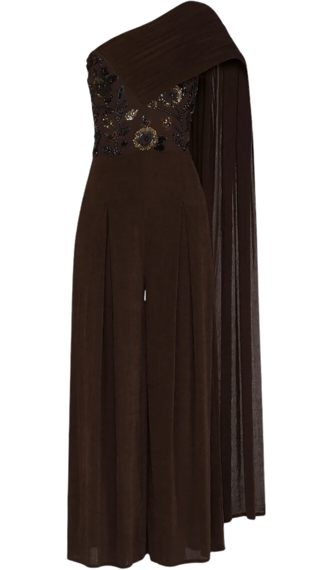 Chocolate Embellished Draped Cape Jumpsuit