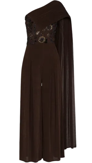 Chocolate Embellished Draped Cape Jumpsuit