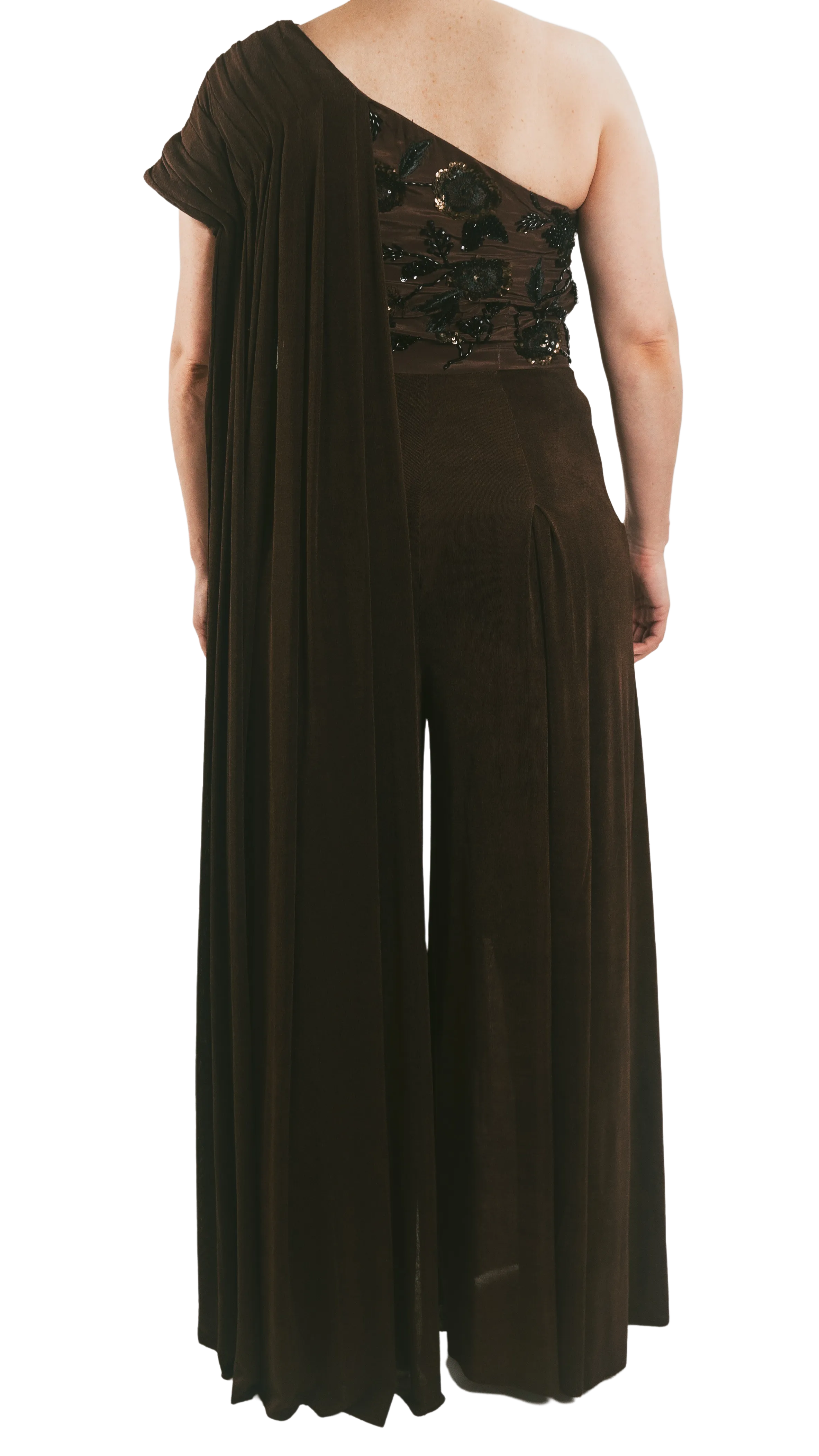 Chocolate Embellished Draped Cape Jumpsuit