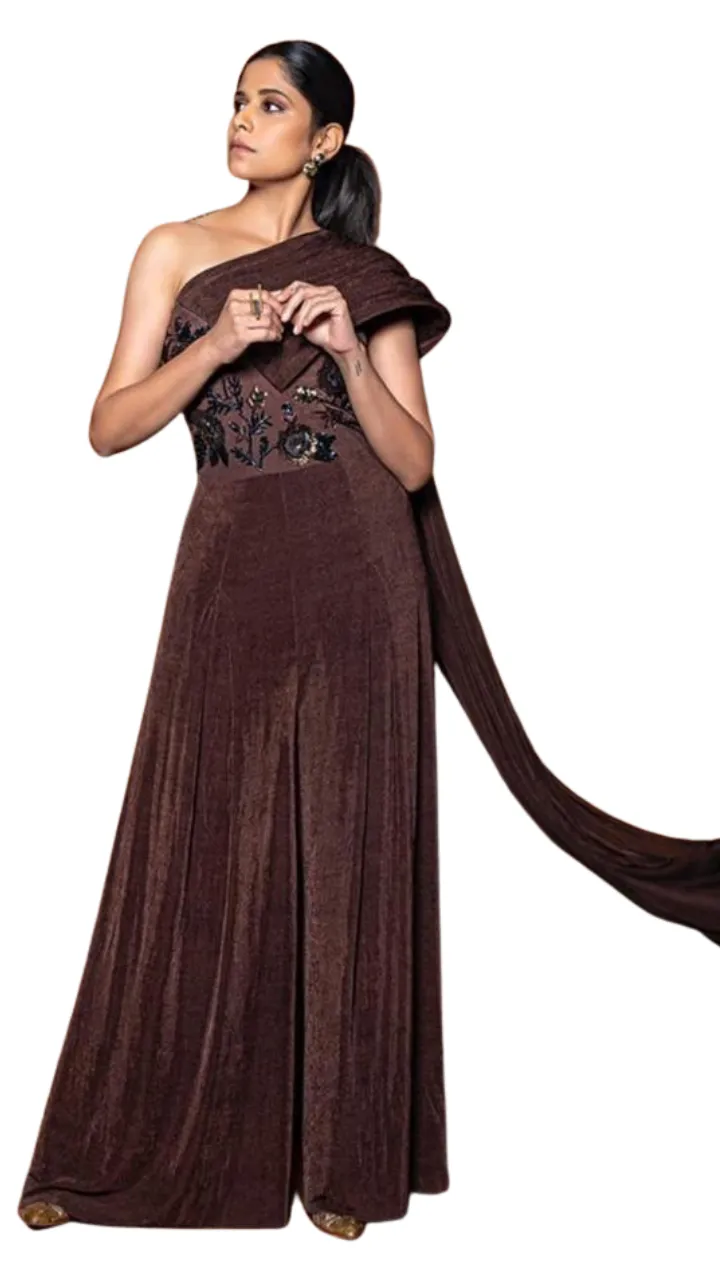 Chocolate Embellished Draped Cape Jumpsuit