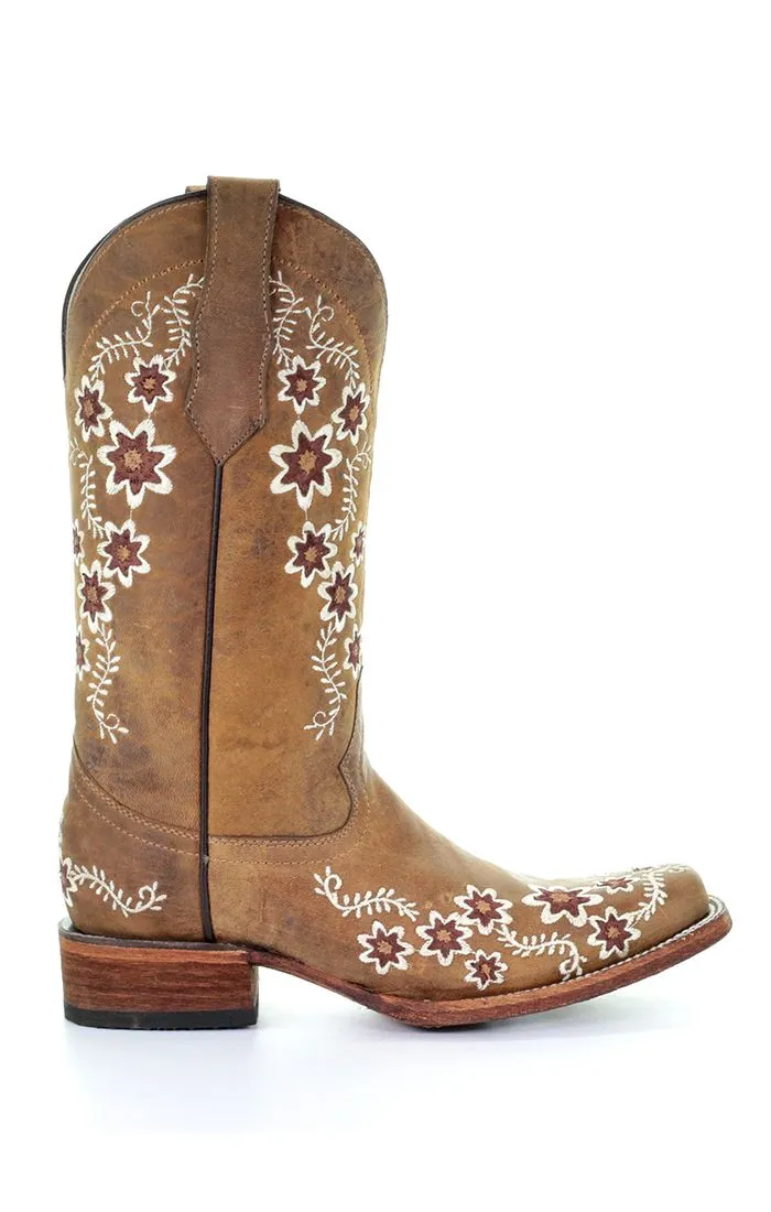 Circle G Tan Floral Embroidery Square Toe Boots L5382