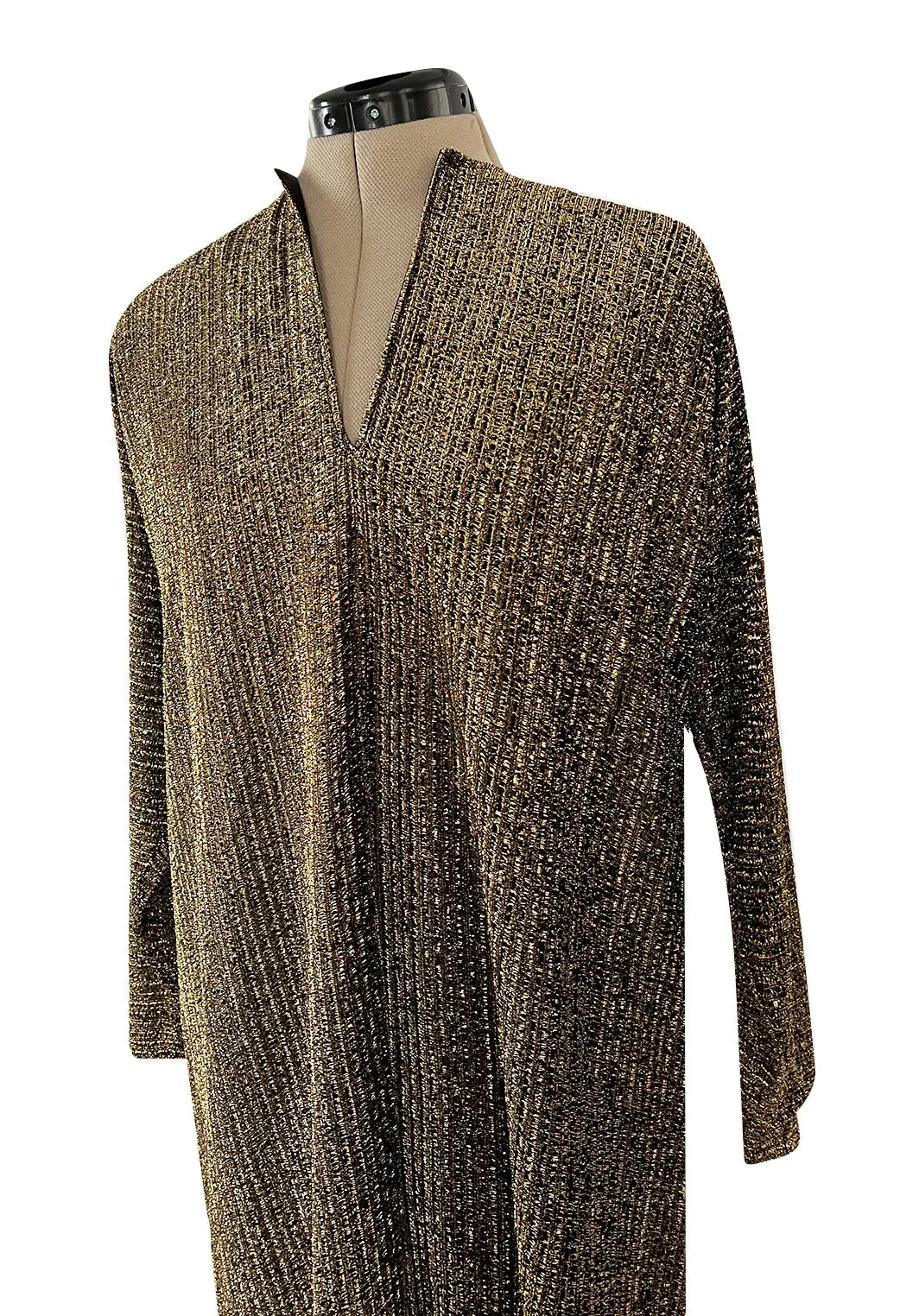 Classic 1970s Halston Metallic Gold Lame Lurex Full Length Caftan Dress w Notched Neckline