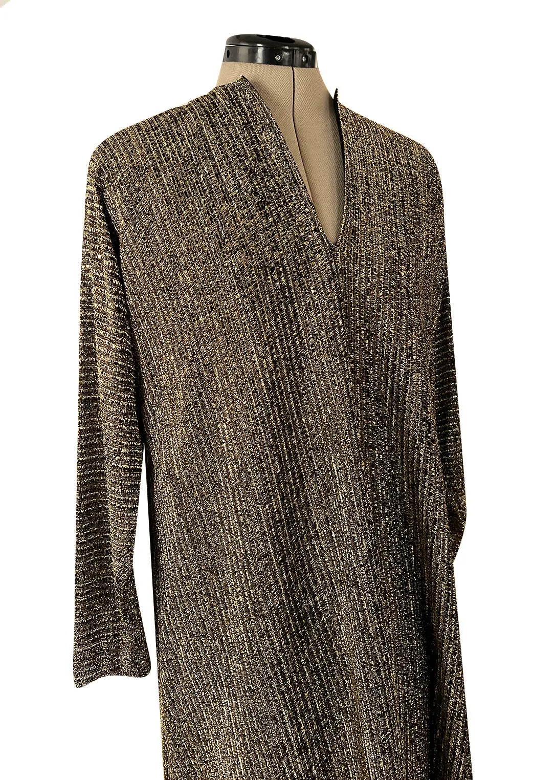 Classic 1970s Halston Metallic Gold Lame Lurex Full Length Caftan Dress w Notched Neckline
