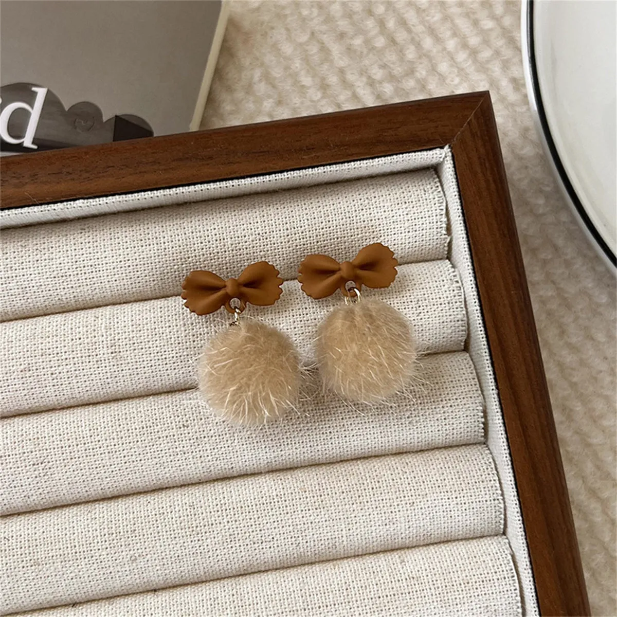 Coffee Enamel & Pompom 18K Gold-Plated Bow Ball Dangle Earring