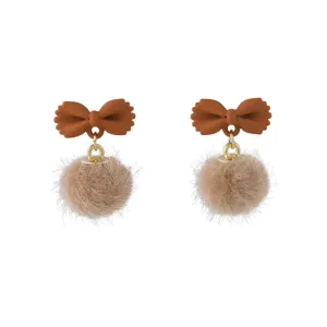 Coffee Enamel & Pompom 18K Gold-Plated Bow Ball Dangle Earring