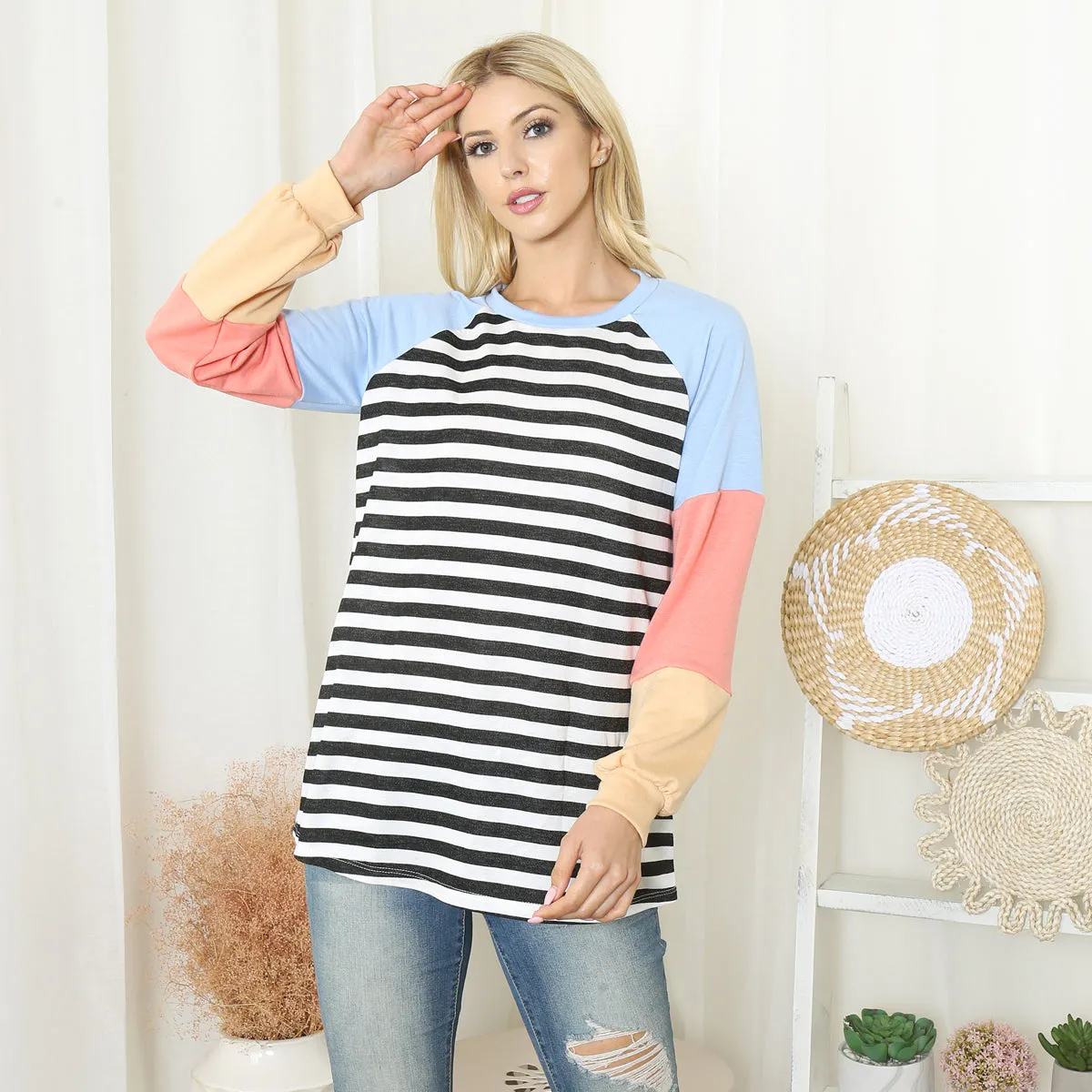 Color Block Long Sleeve Stripe Top