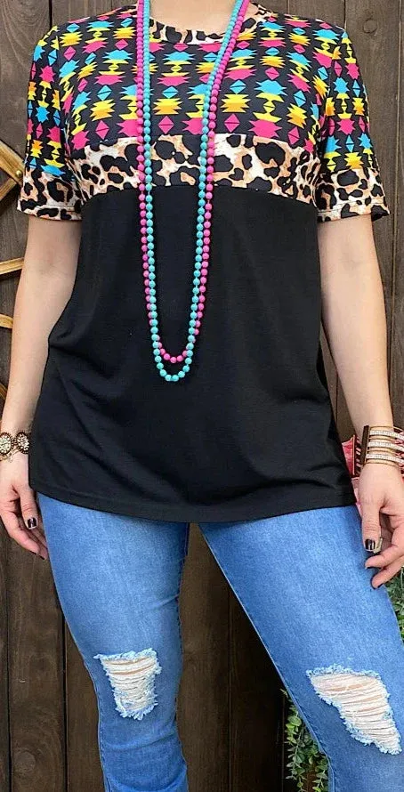 Colorful Tribal, Leopard, Black Top