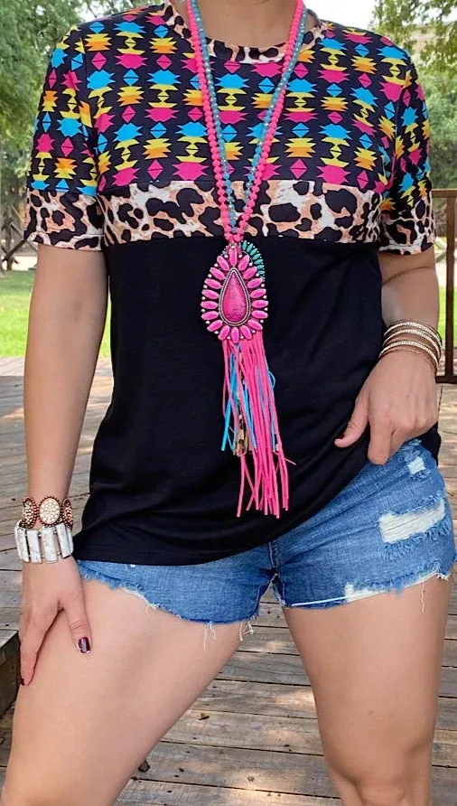 Colorful Tribal, Leopard, Black Top