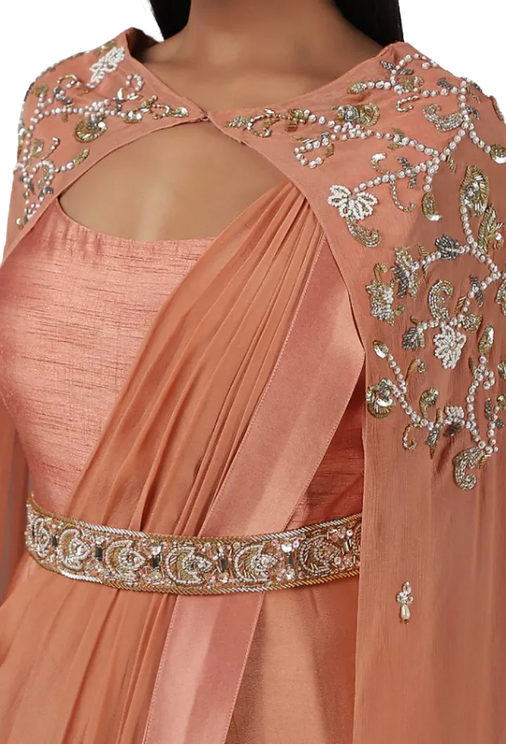 Coral Embellished Pre-Draped Belted Sari Gown