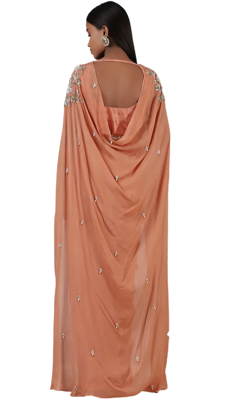 Coral Embellished Pre-Draped Belted Sari Gown