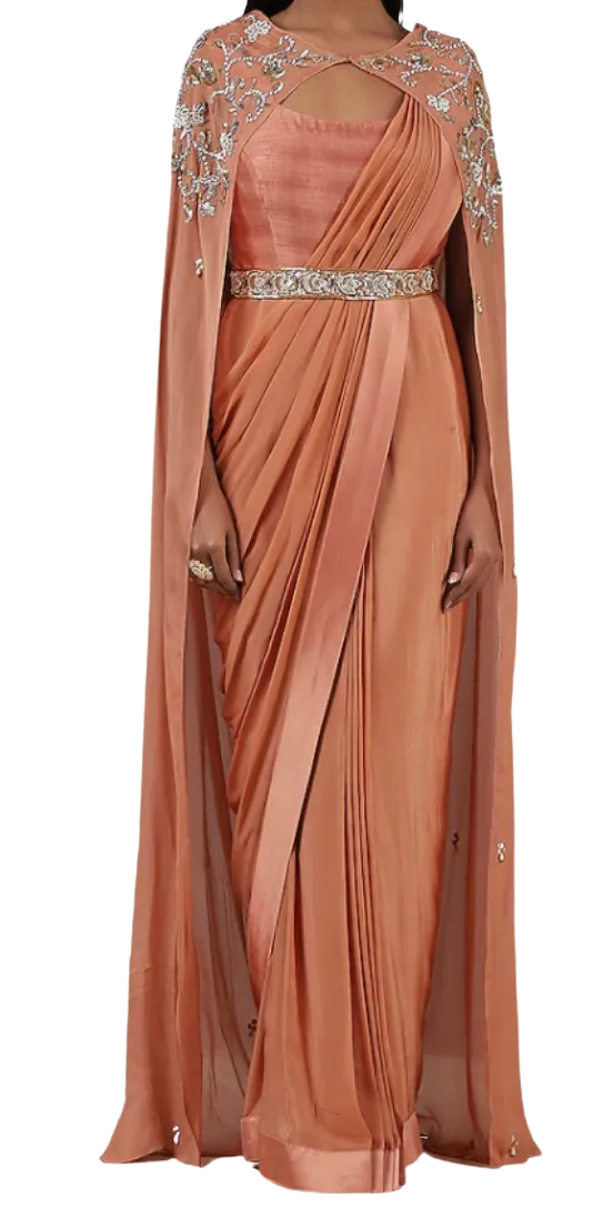 Coral Embellished Pre-Draped Belted Sari Gown