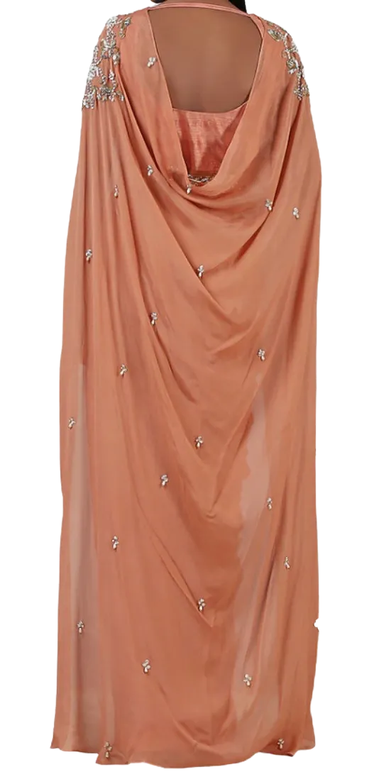Coral Embellished Pre-Draped Belted Sari Gown