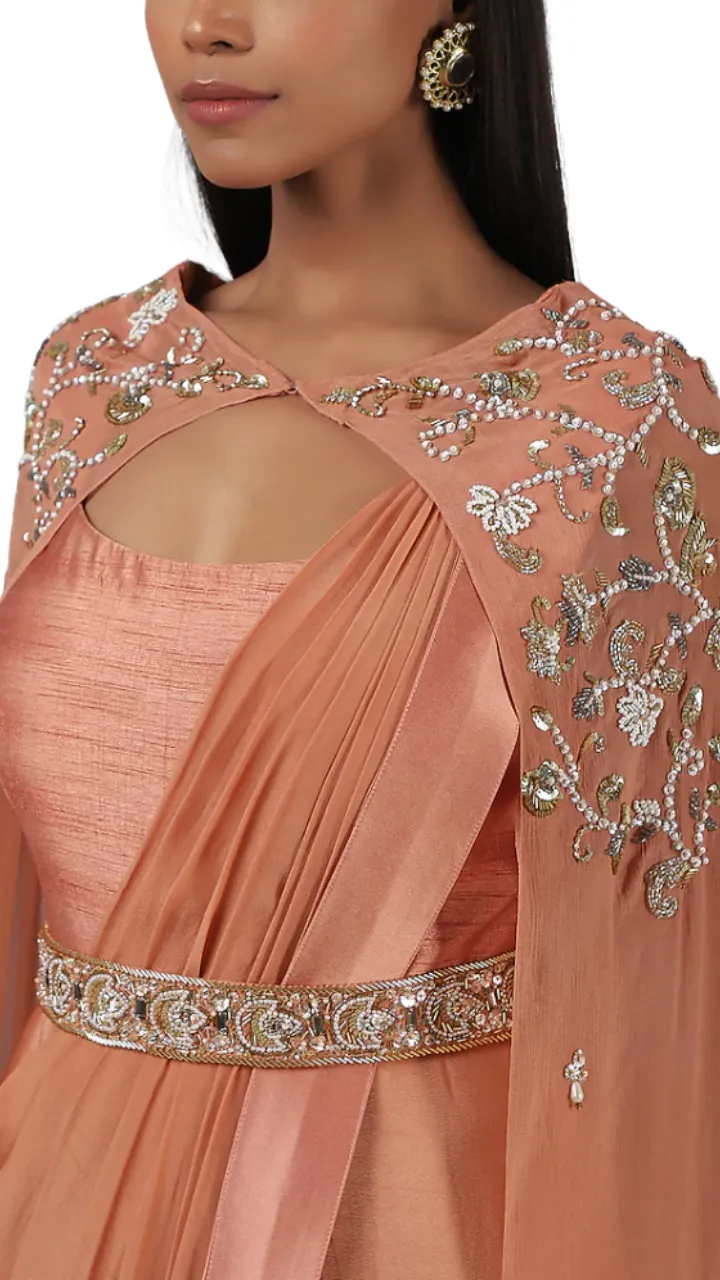 Coral Embellished Pre-Draped Belted Sari Gown