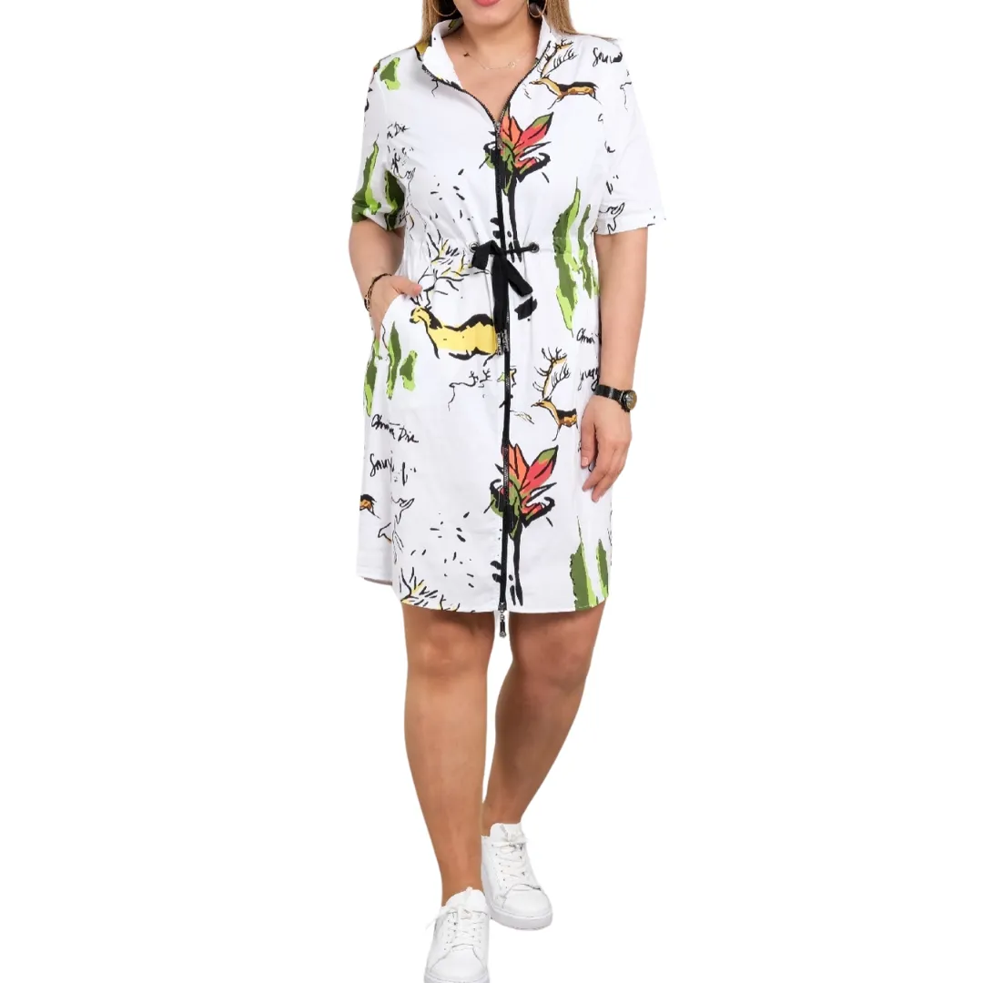 Cotton Short Sleeve Zip Front Dress
