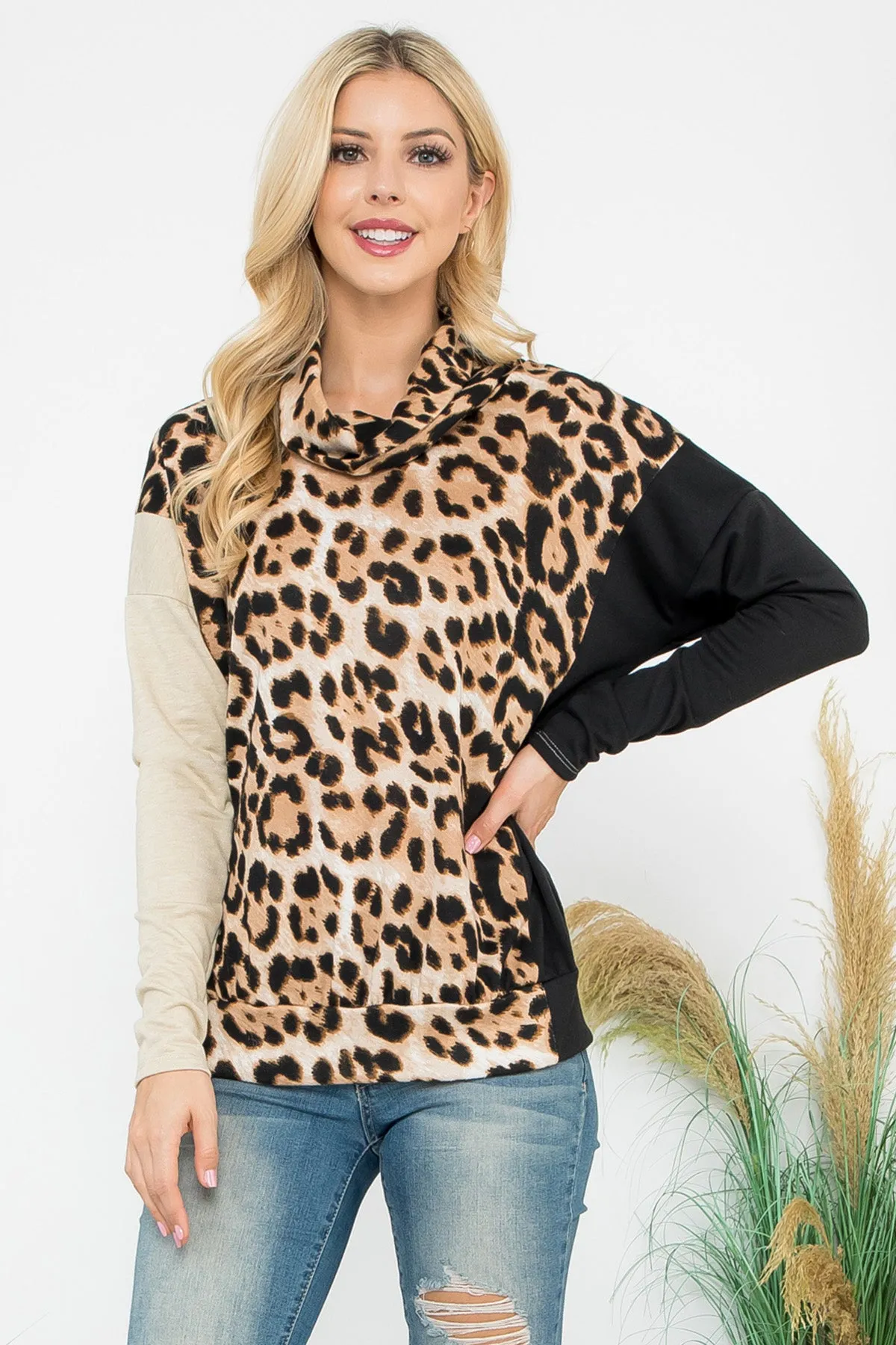 Cowl Neckline Leopard Block Long Sleeve Top