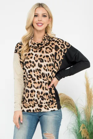 Cowl Neckline Leopard Block Long Sleeve Top