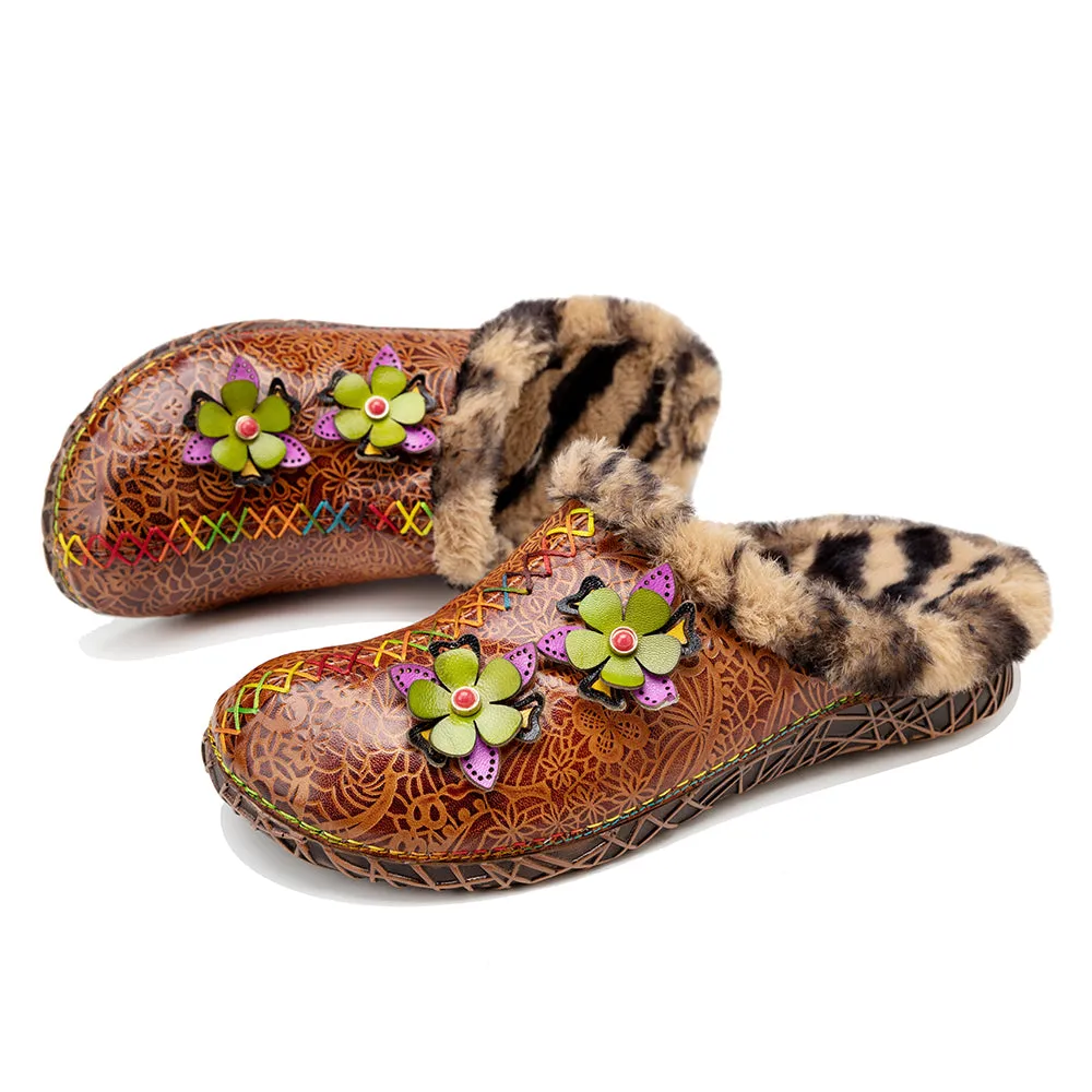 CrazycatZWomens Leather Clogs Sandals, Colorful Bohemian Mules Fleece lined Clog