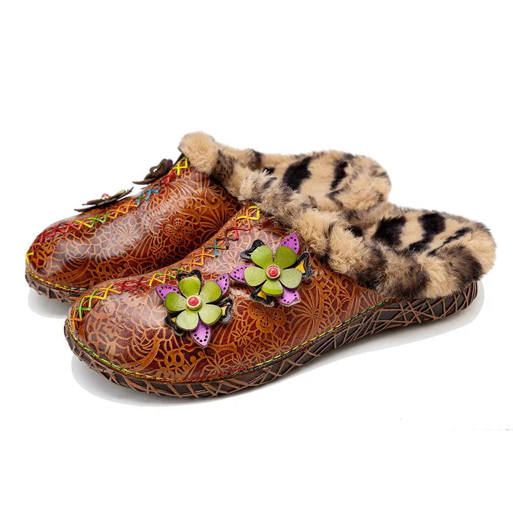 CrazycatZWomens Leather Clogs Sandals, Colorful Bohemian Mules Fleece lined Clog