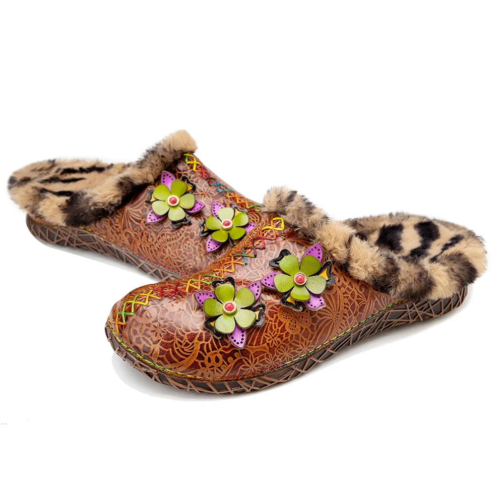 CrazycatZWomens Leather Clogs Sandals, Colorful Bohemian Mules Fleece lined Clog