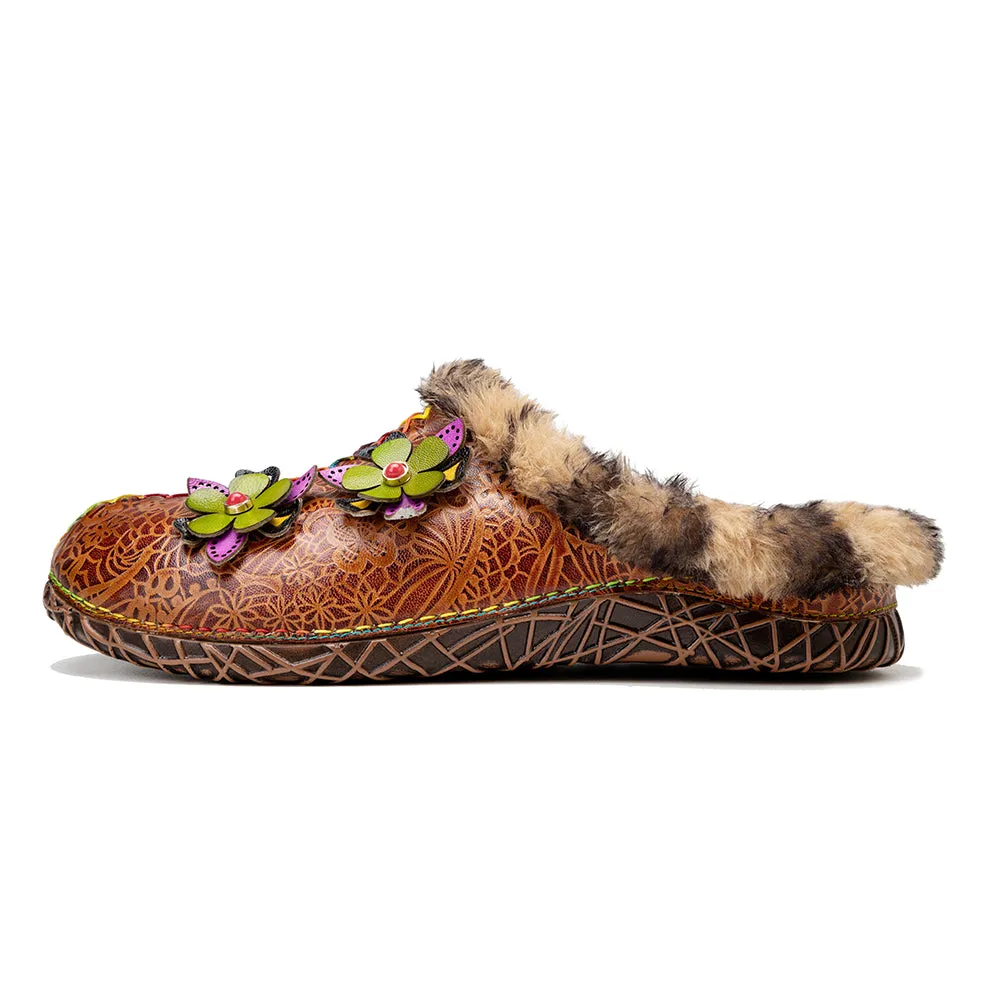 CrazycatZWomens Leather Clogs Sandals, Colorful Bohemian Mules Fleece lined Clog