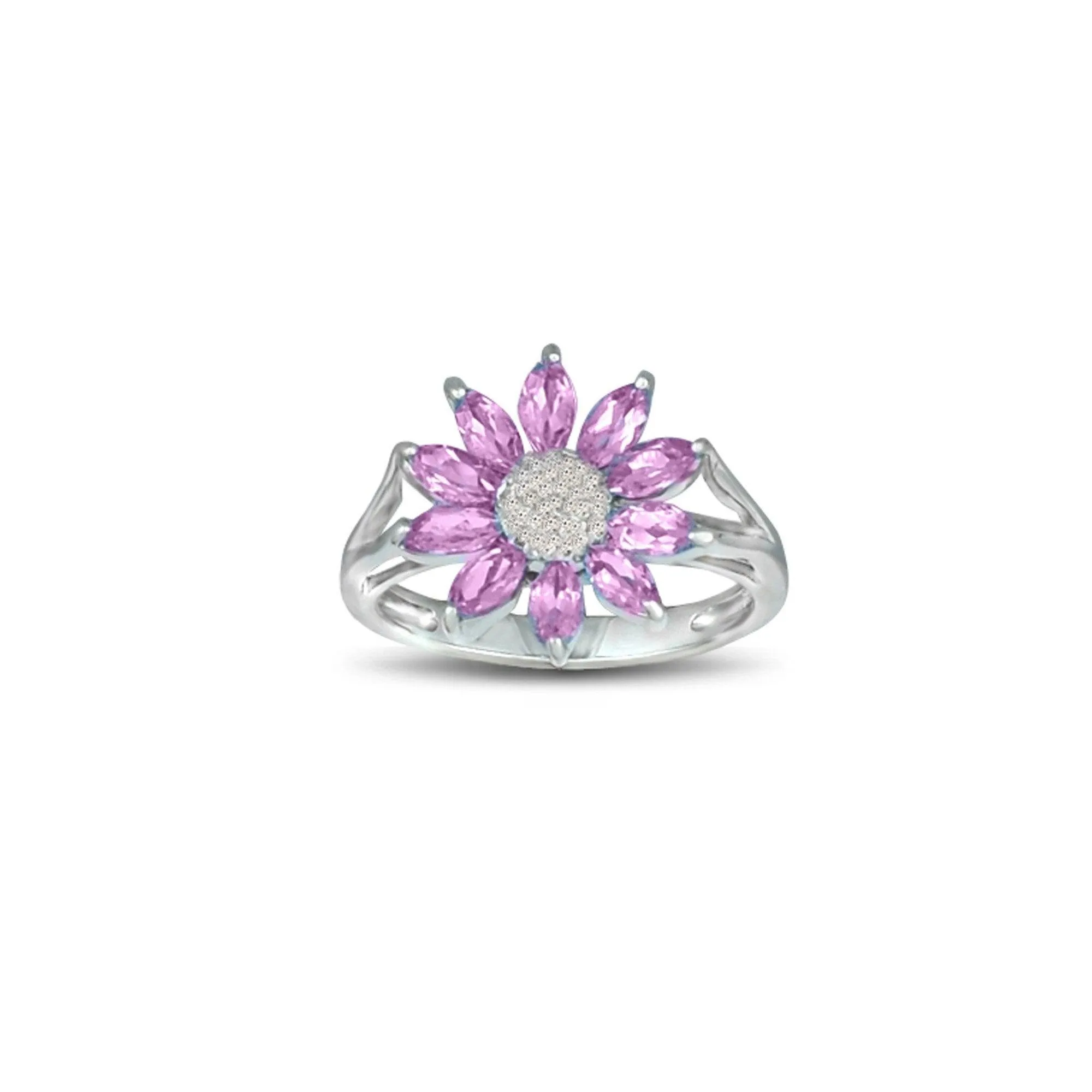 Created Pink Sapphire and Diamond Accent Flower Ring in Silver